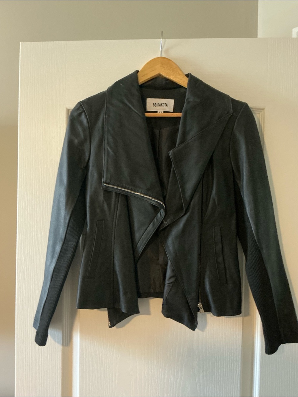 BB Dakota Black Faux-Leather Draped Moto Jacket